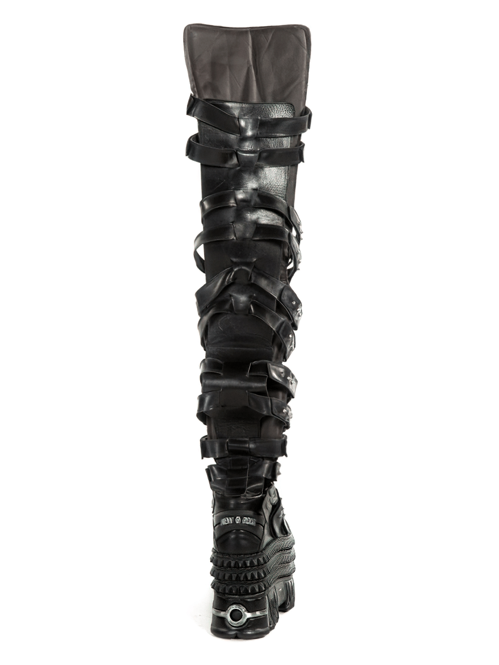 Tall black gothic high boots with unique velcro straps and a bold platform, perfect for punk style statements.