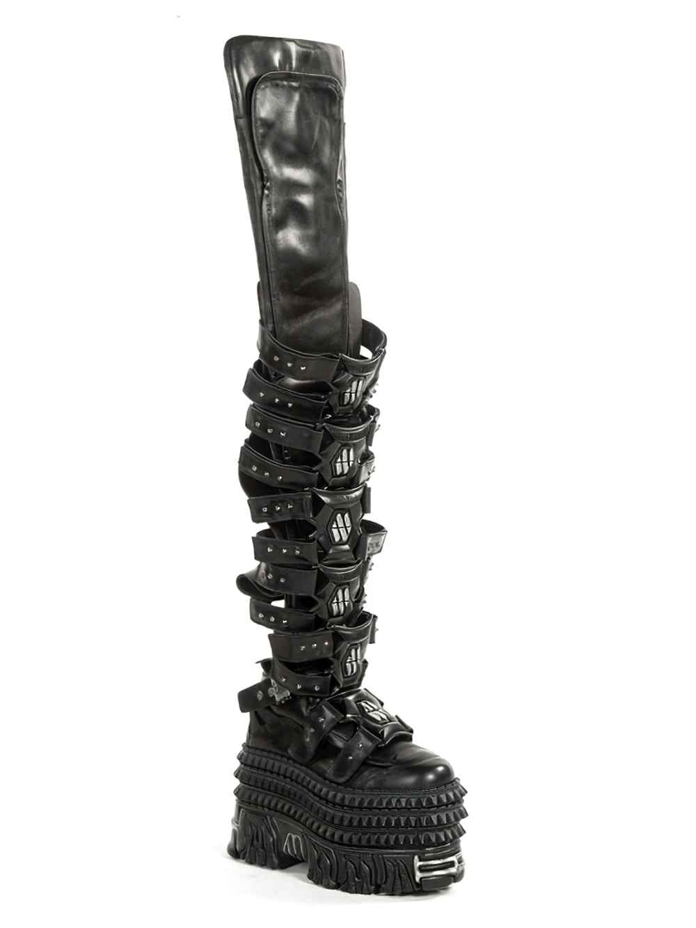 NEW ROCK Bold Gothic High Boots with velcro straps in striking black, perfect for a punk-inspired look.