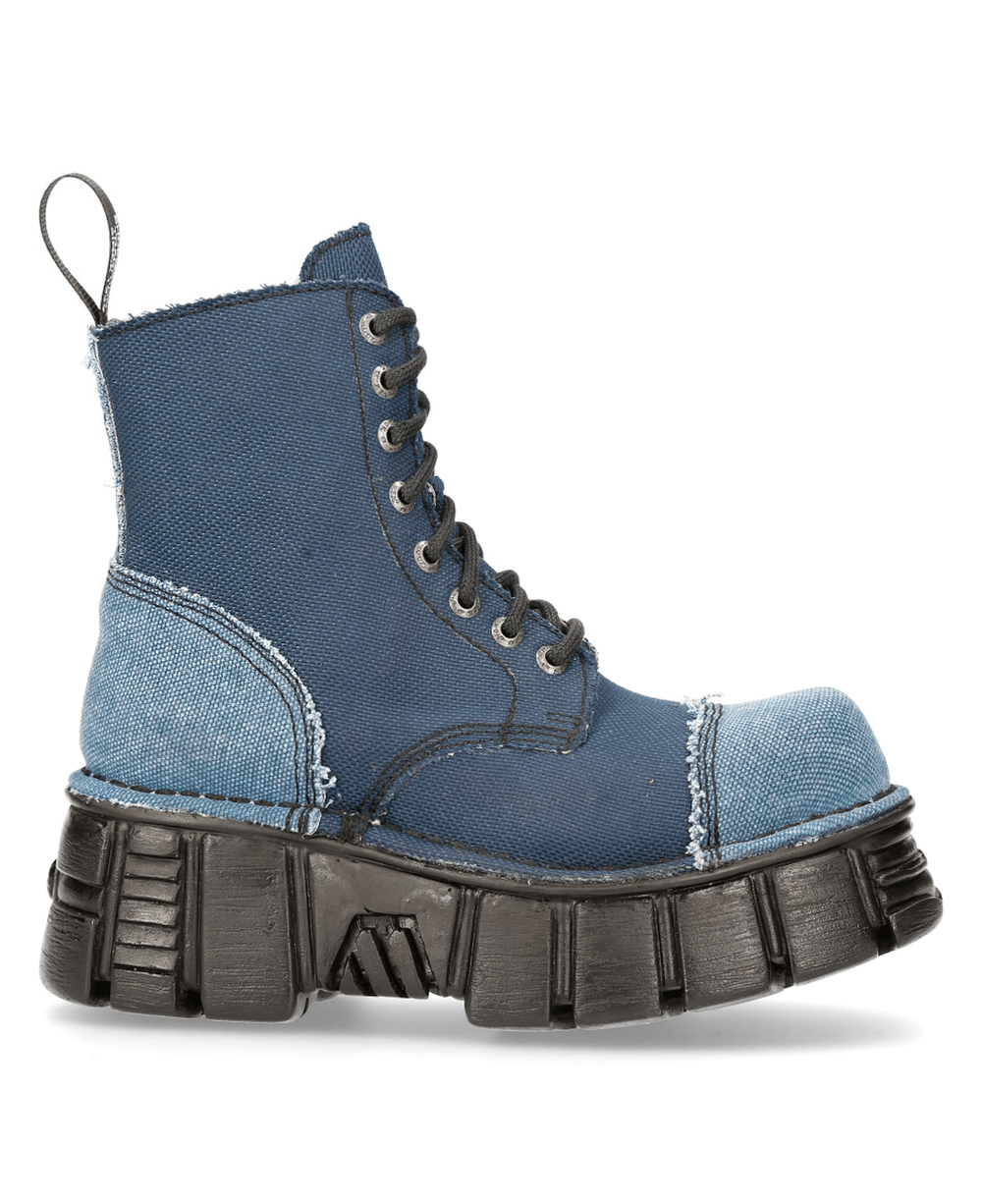 NEW ROCK Bold Gothic Platform Denim Boots with edgy blue patchwork design and chunky sole.