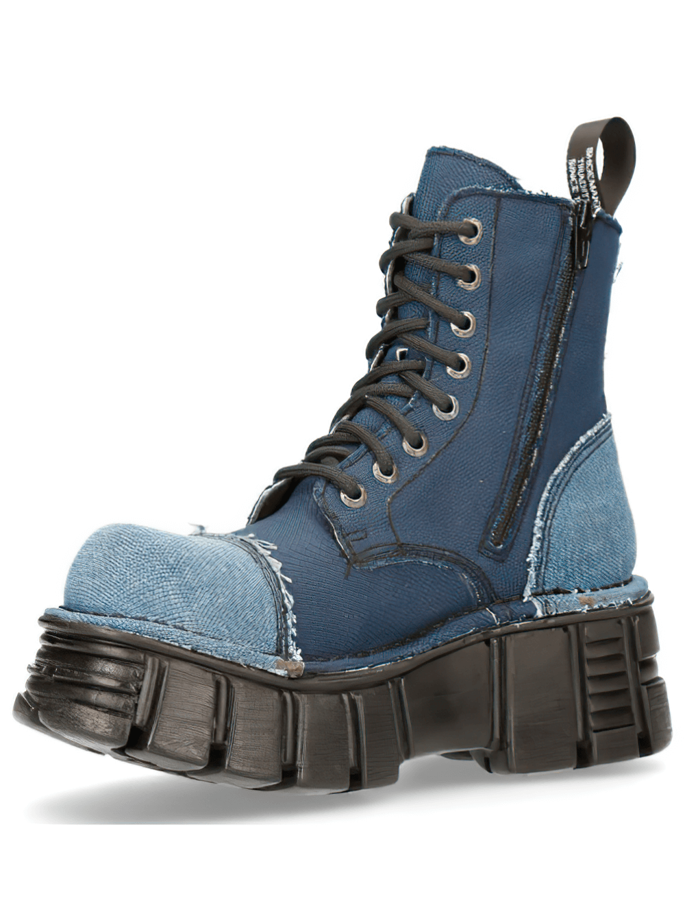 NEW ROCK Bold Gothic Platform Denim Boots with edgy blue patchwork design and rugged sole, perfect for punk style.