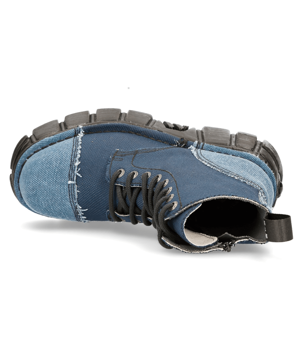 NEW ROCK bold gothic blue platform denim combat boots with rugged design and lace-up features.