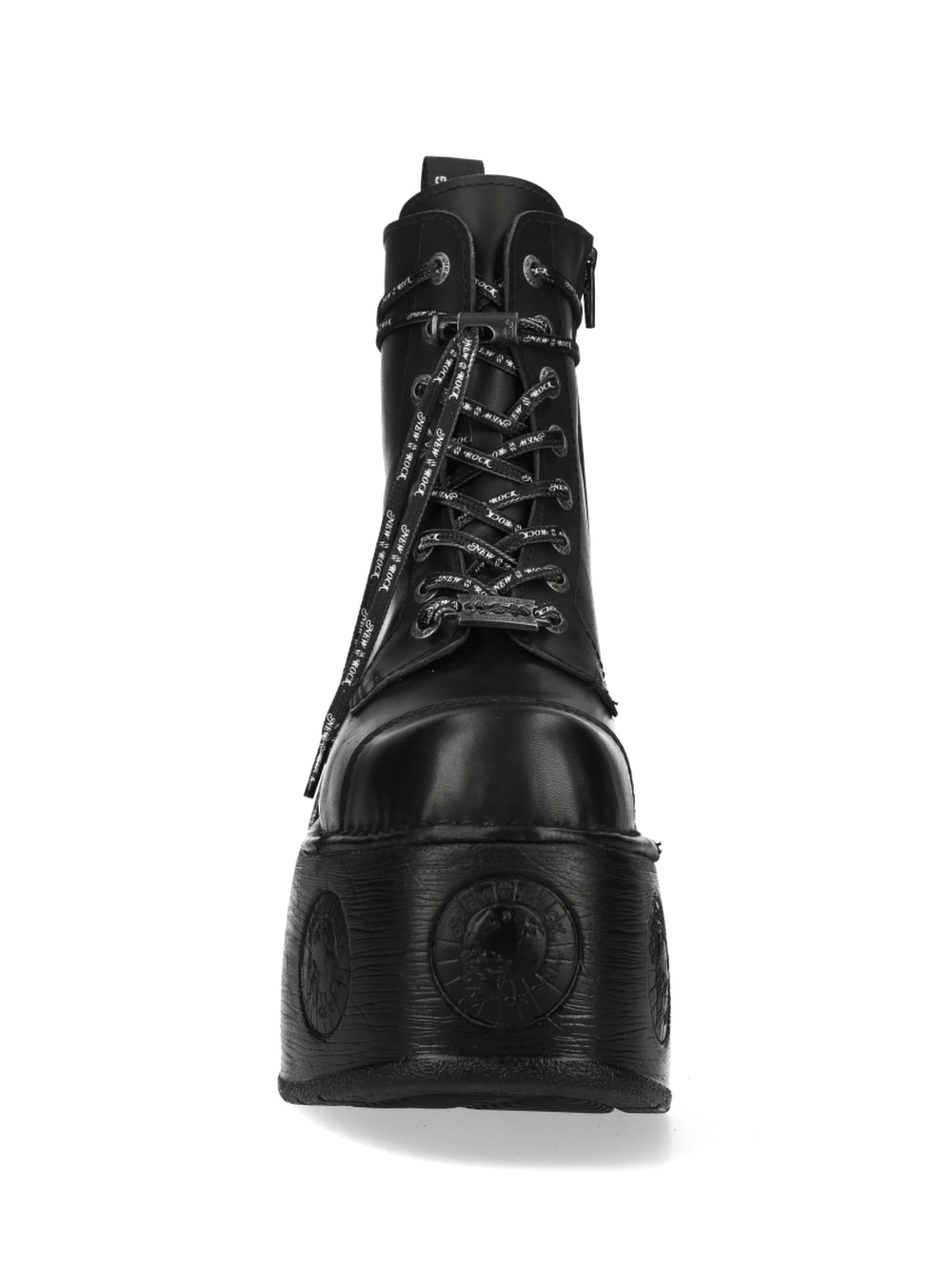 Front view of NEW ROCK Bold Lace-up Ankle Boots in sleek black with unique cut-out platform design.