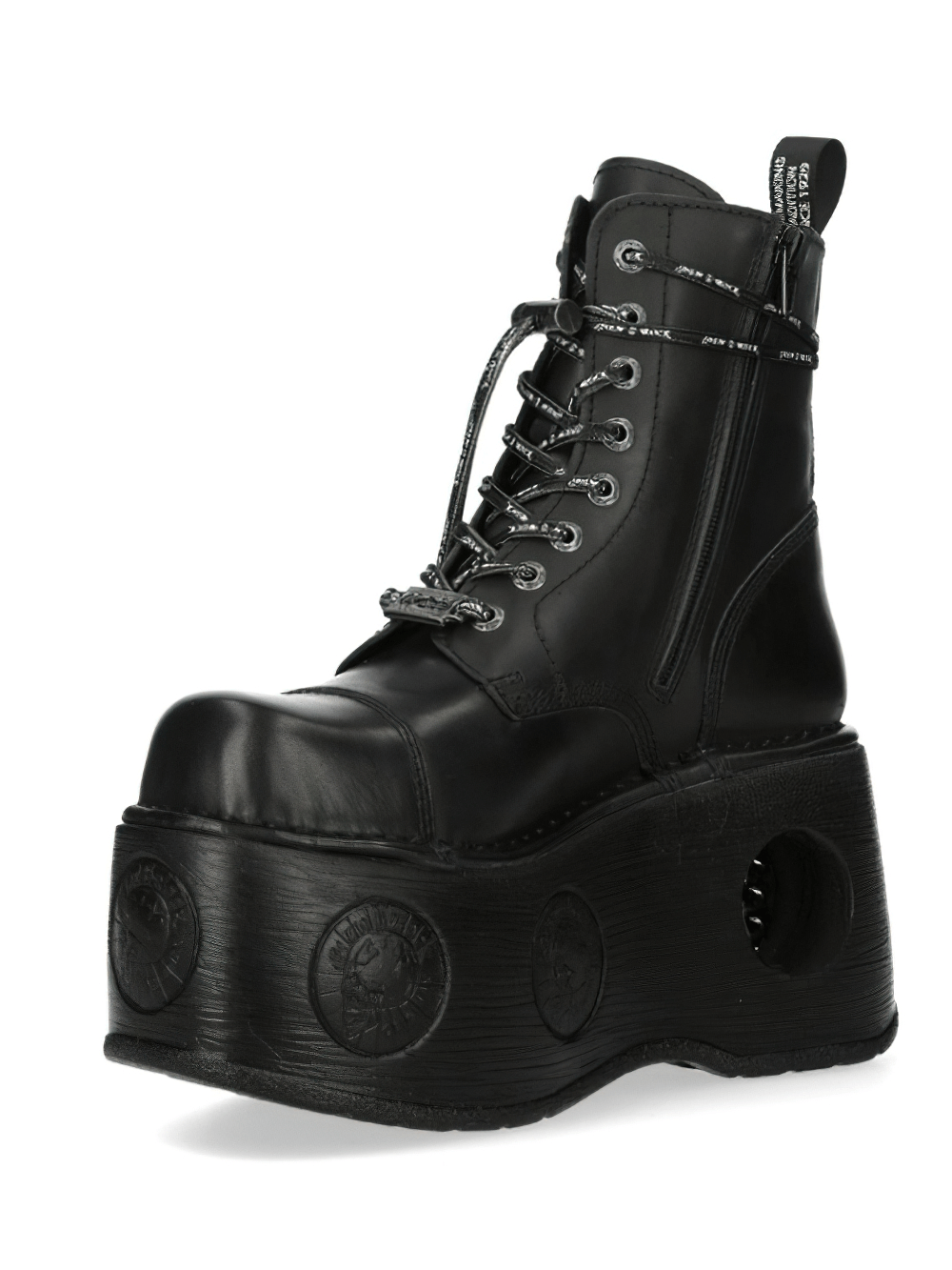 NEW ROCK bold black lace-up ankle boots with unique cut-out platform design, perfect for gothic and punk styles.