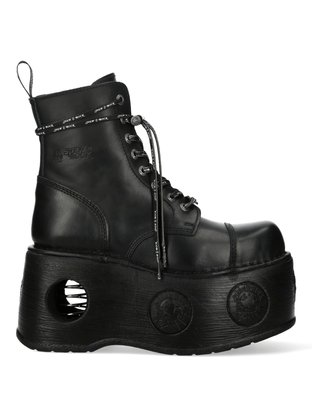 NEW ROCK Black Cut-out Platform Ankle Boots with bold lace-up design and military influences.