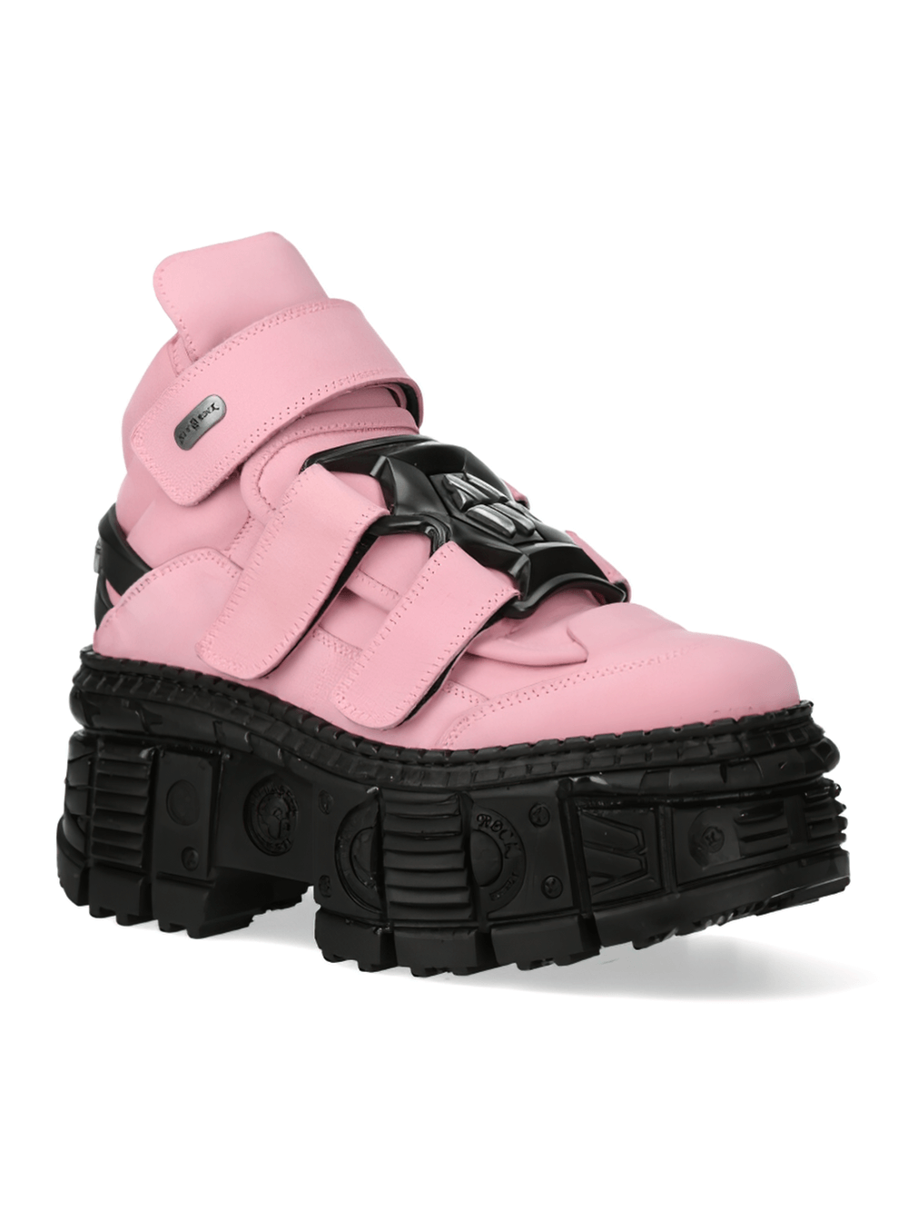 NEW ROCK Bold Pink Heavy Ankle Boots with Velcro straps and chunky black platform for a rocker look.