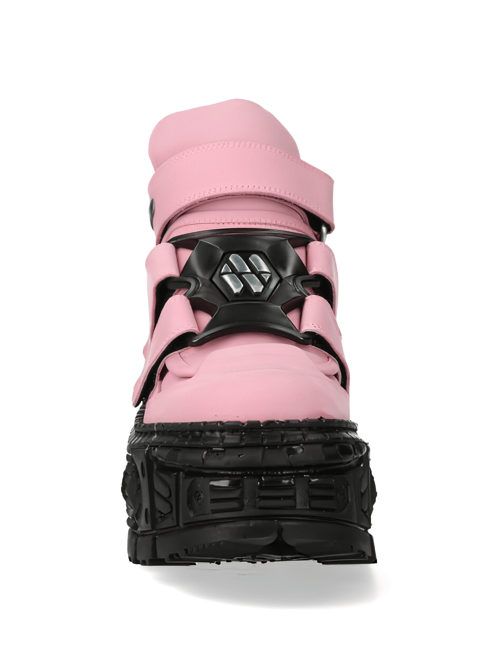 Front view of NEW ROCK Bold Pink Heavy Ankle Boots with Velcro straps, combining pink and black leather for a rocker vibe.