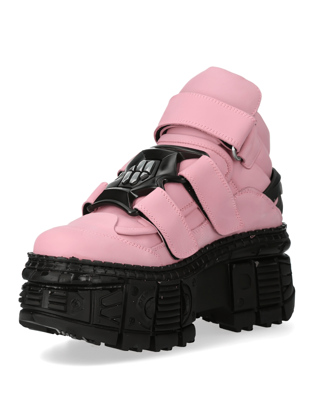 Bold pink and black heavy ankle boots with Velcro straps, perfect for stylish rocker and gothic outfits.