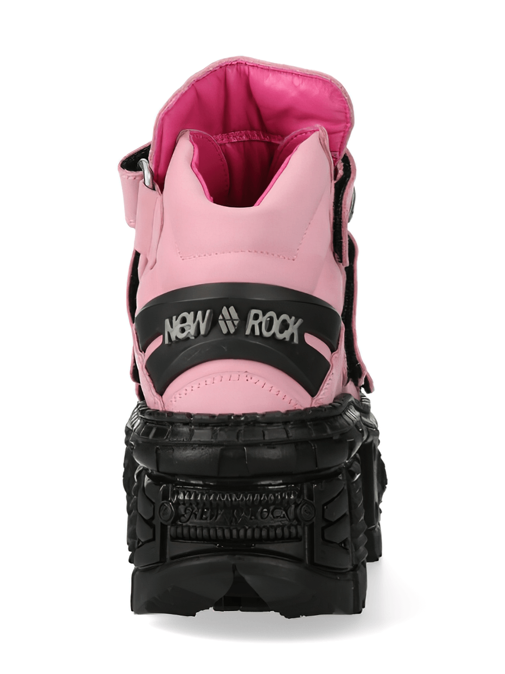 NEW ROCK bold pink leather ankle boots with black straps and chunky platform, perfect for a rocker look.