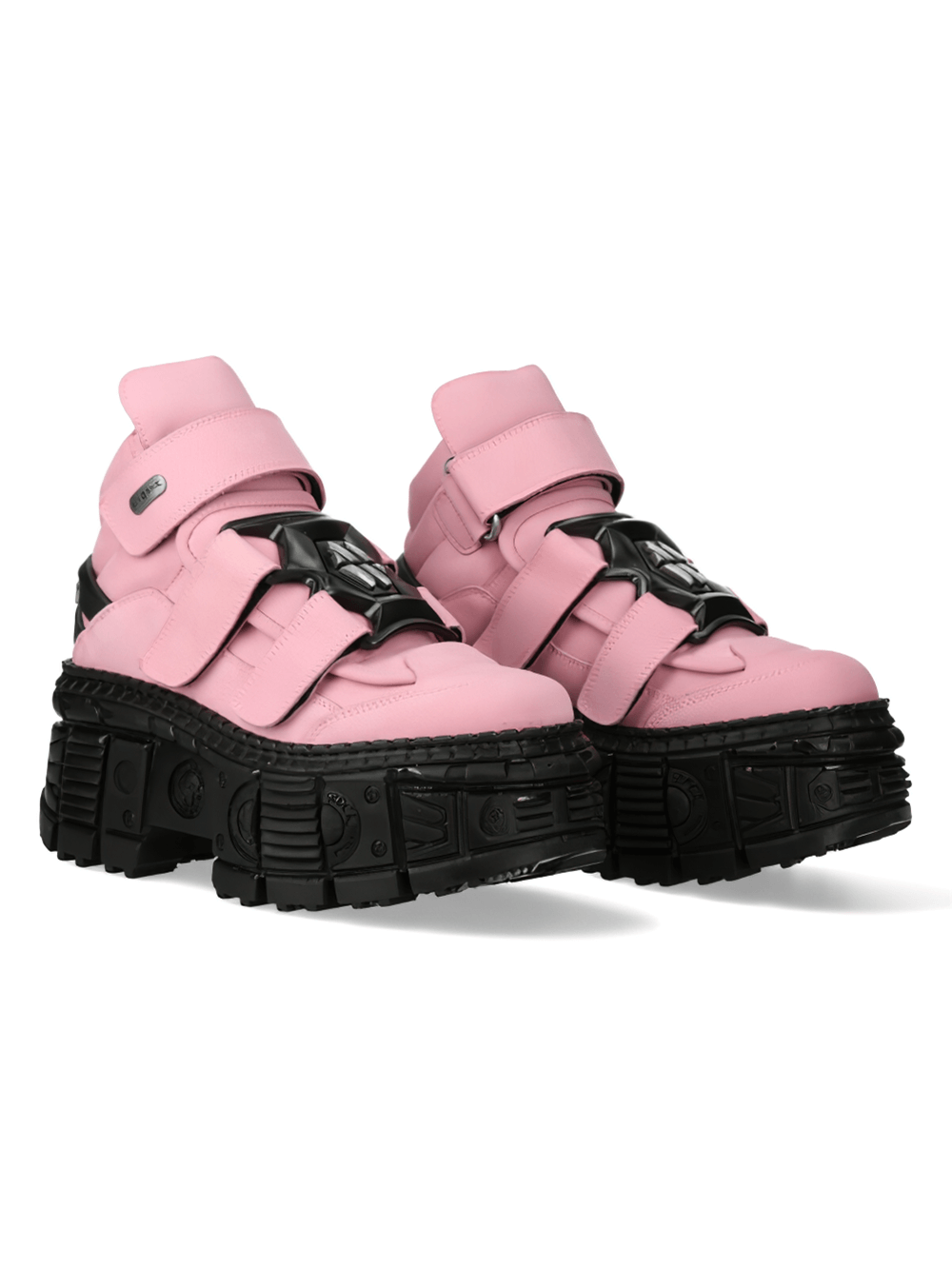 NEW ROCK Bold Pink Heavy Ankle Boots with Velcro straps, featuring a chunky black platform for stylish rocker vibes.