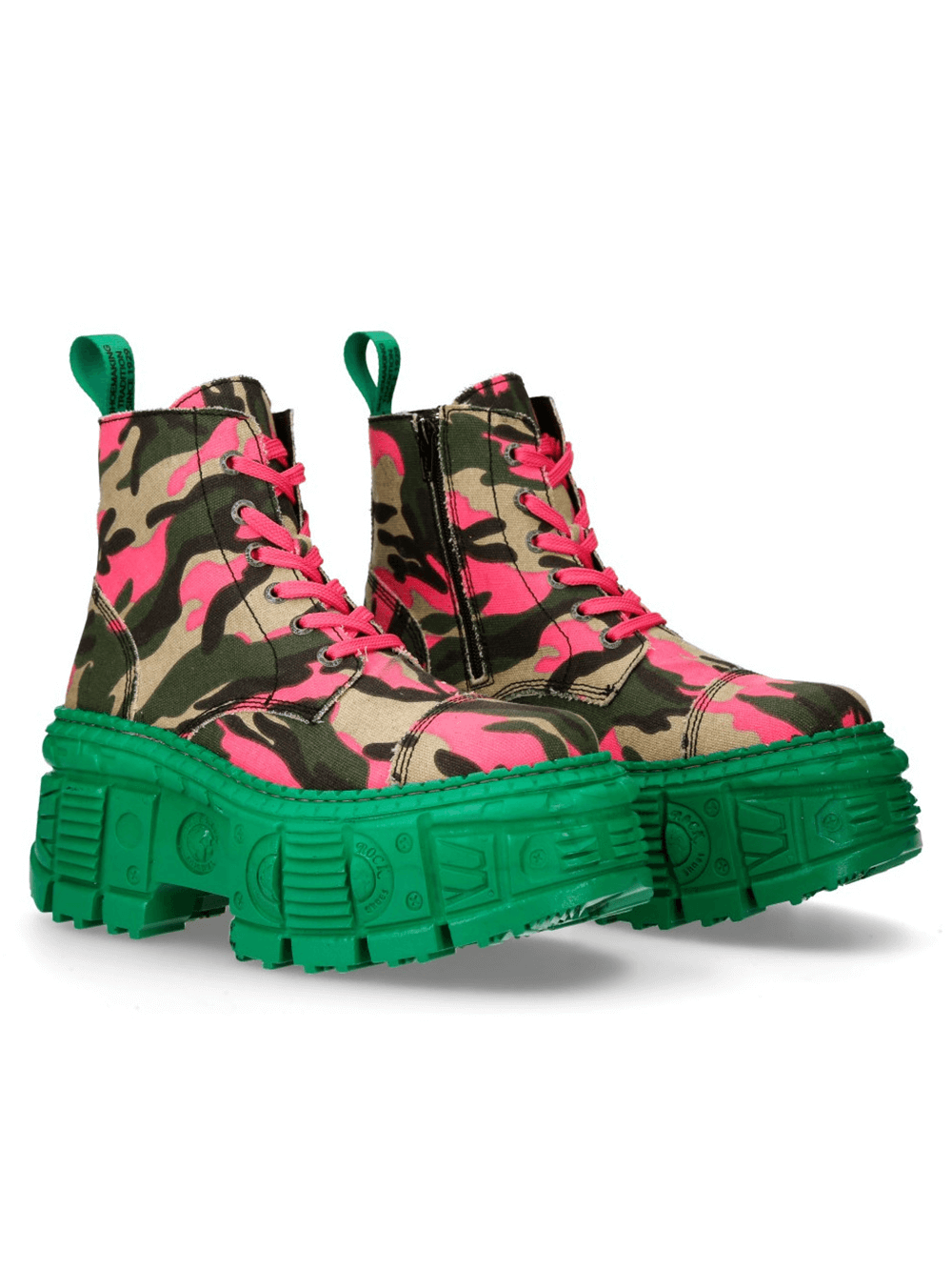 Bold punk ankle boots in pink camouflage with vibrant green sole, perfect for alternative fashion lovers.