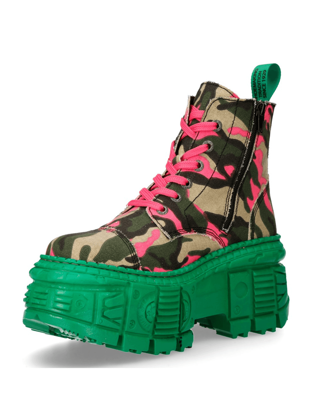 Bold punk ankle boots in pink camouflage with green sole, perfect for alternative fashion lovers.