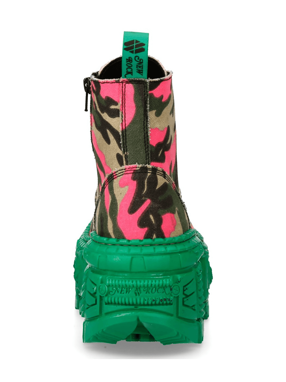 Back view of NEW ROCK bold punk ankle boots in pink camouflage with vibrant green sole, perfect for alternative fashion.