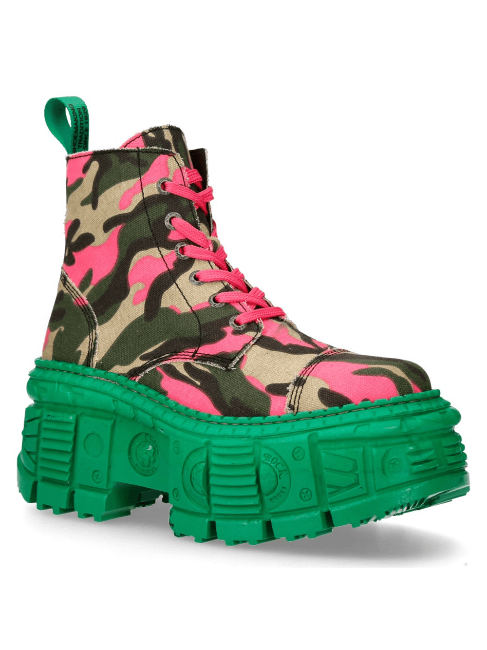 NEW ROCK Men's bold punk ankle boots in pink camouflage with vibrant green sole, stylish and edgy alternative fashion.