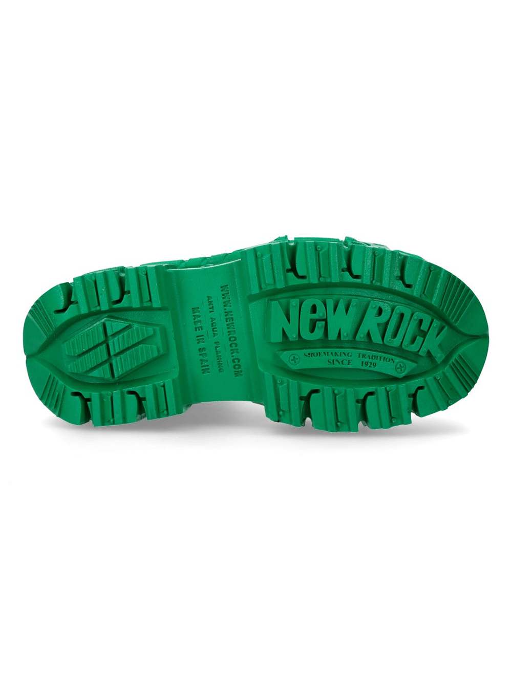 Green platform sole of NEW ROCK men's ankle boots featuring bold tread and stylish design.