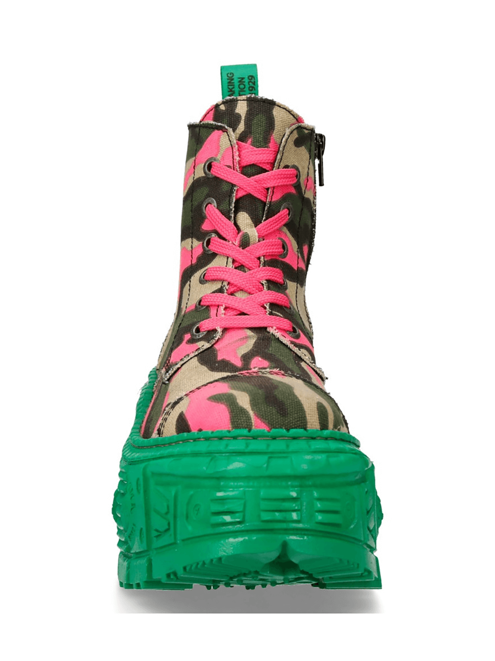 Trendy New Rock ankle boots in vibrant pink camouflage with bold green platform sole, perfect for punk and rock styles.