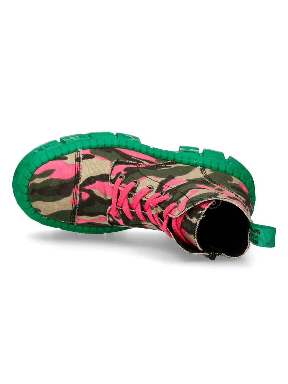 NEW ROCK men's ankle boots in pink camouflage with bold green sole, perfect for punk and alternative fashion.