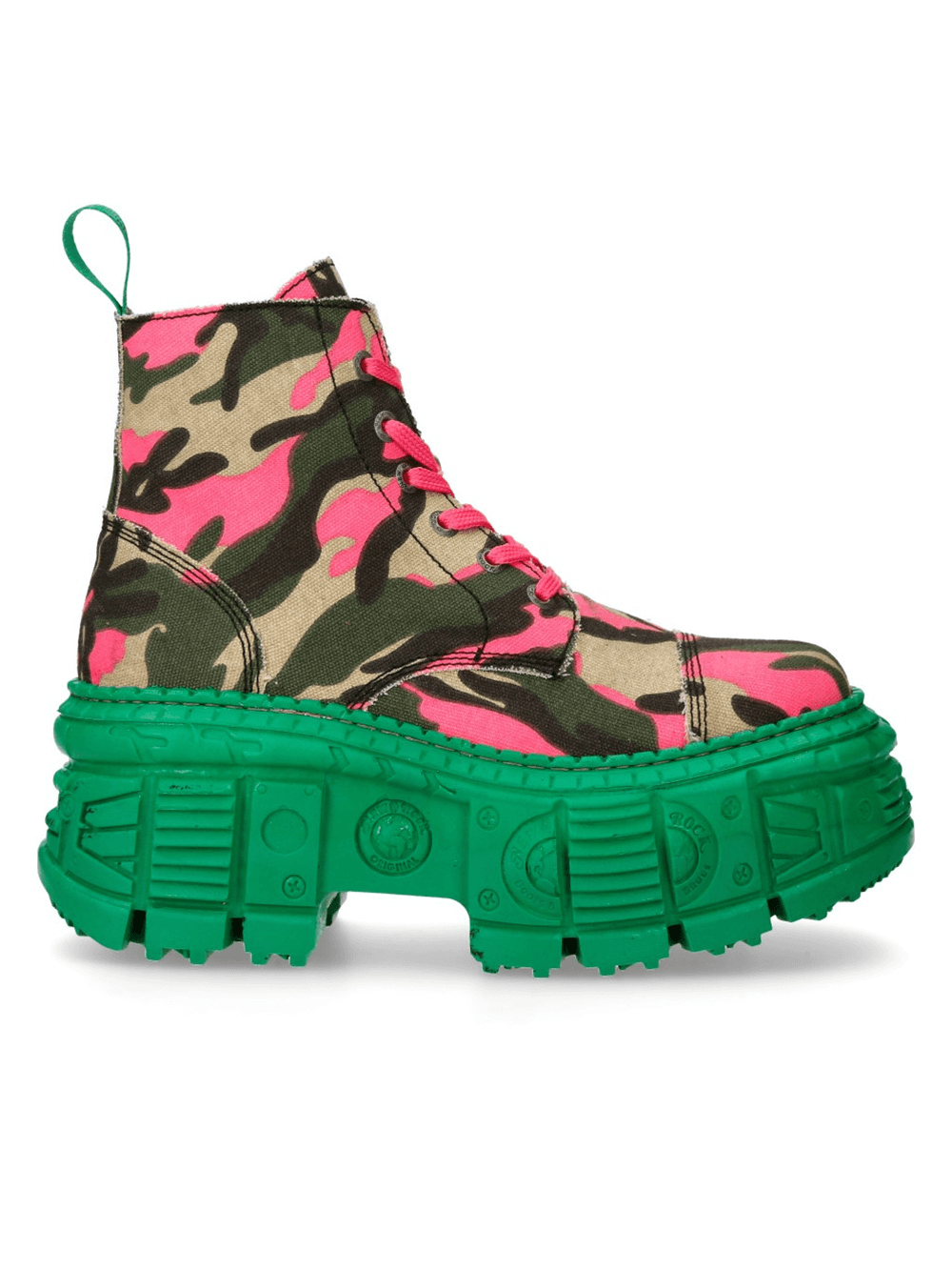 Trendy New Rock men's ankle boots in pink camouflage with bold green platform sole, perfect for punk and alternative fashion.