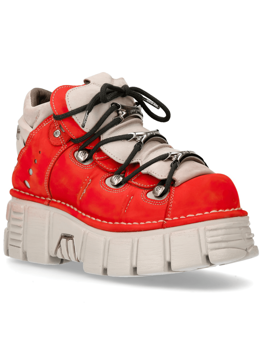 Bold red platform sneakers with punk rock style, edgy design, chunky sole, and sturdy laces in metallic collection.