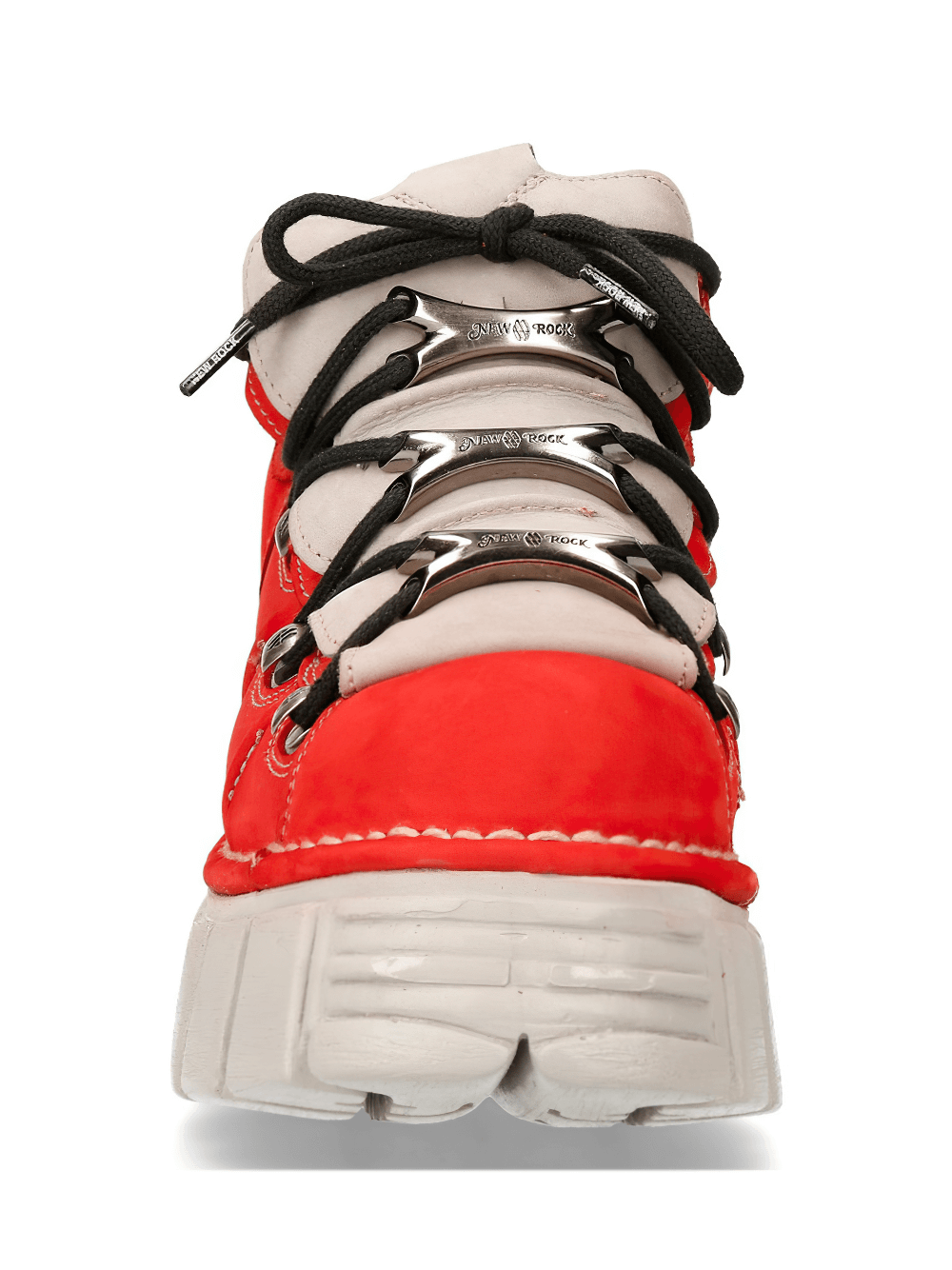 Close-up of NEW ROCK bold red platform sneakers showcasing punk rock design and sturdy laces.