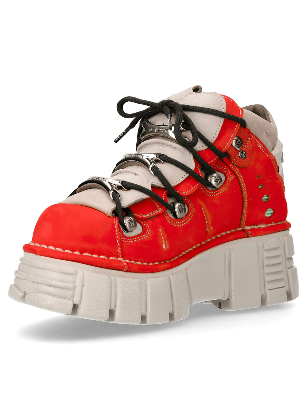 Bold red and gray chunky platform sneakers with punk rock vibes and rugged sole.