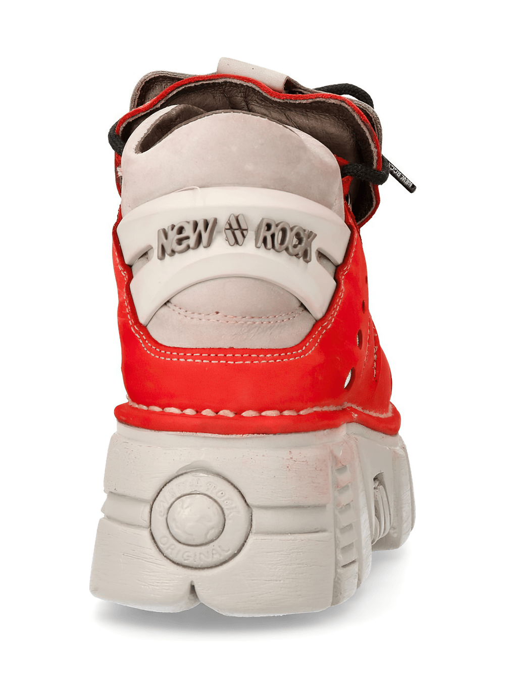 Back view of NEW ROCK bold red platform sneakers with punk rock vibes, showcasing unique design and sturdy sole.