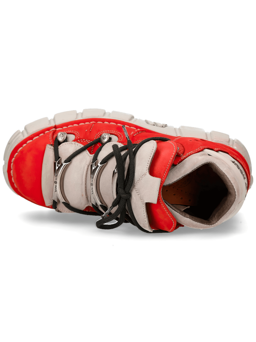 Top view of NEW ROCK bold red and gray platform sneakers, showcasing punk rock style and metallic accents.