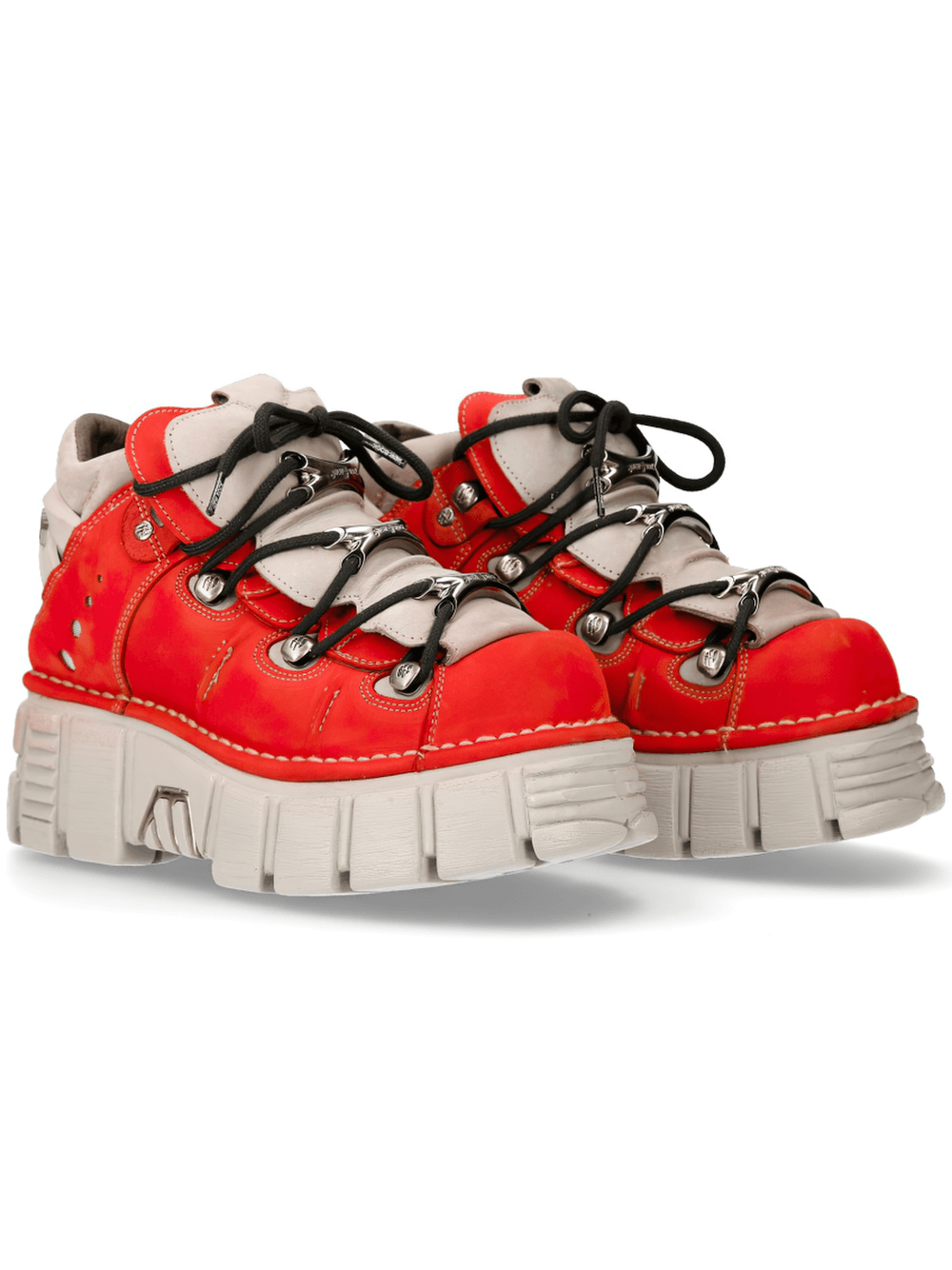 NEW ROCK Bold Red Platform Sneakers with Punk Rock Vibes and Chunky Gray Sole.