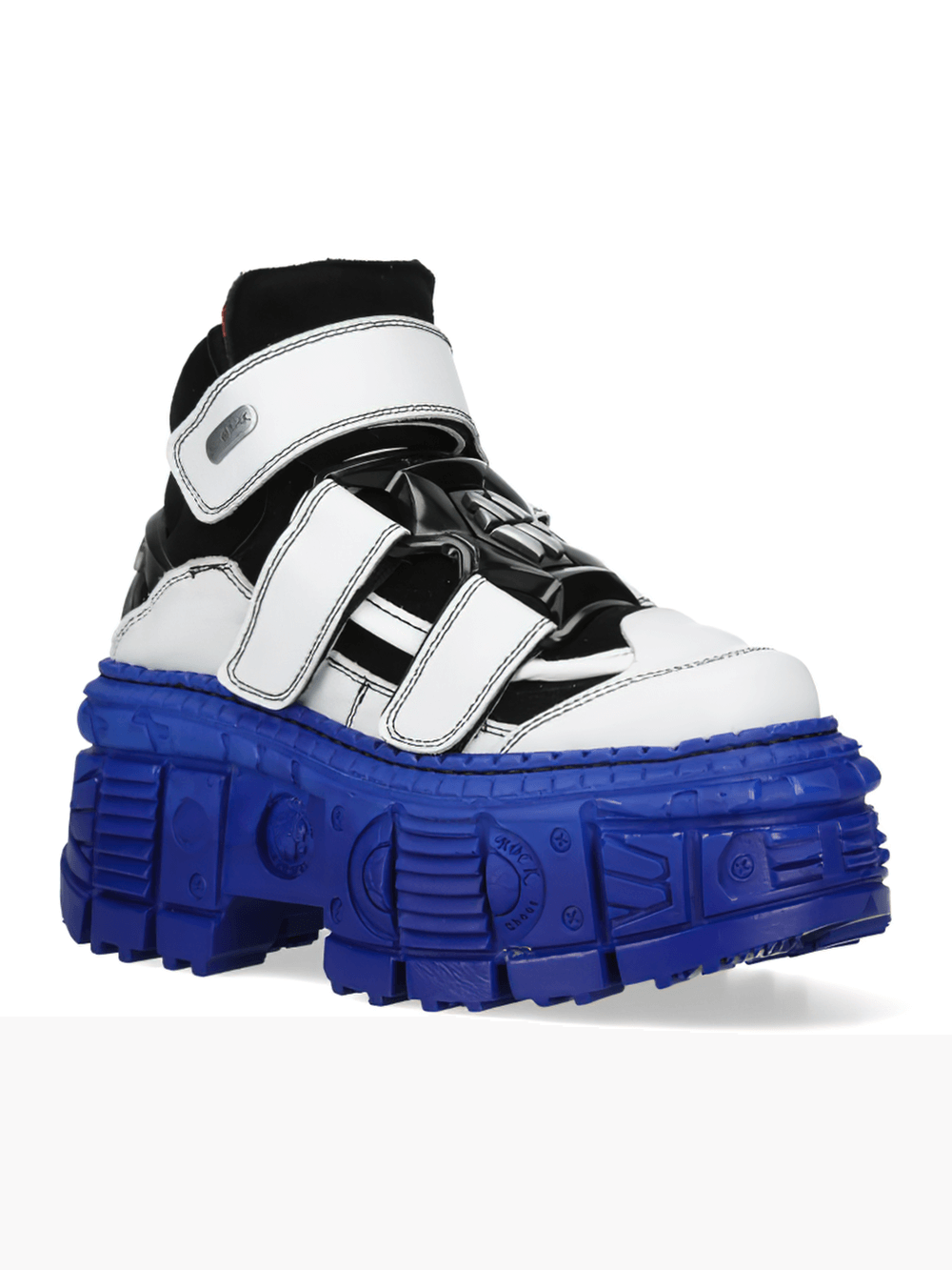 NEW ROCK Bold Rock Design Ankle Boots in white and blue with velcro straps and chunky platform sole.