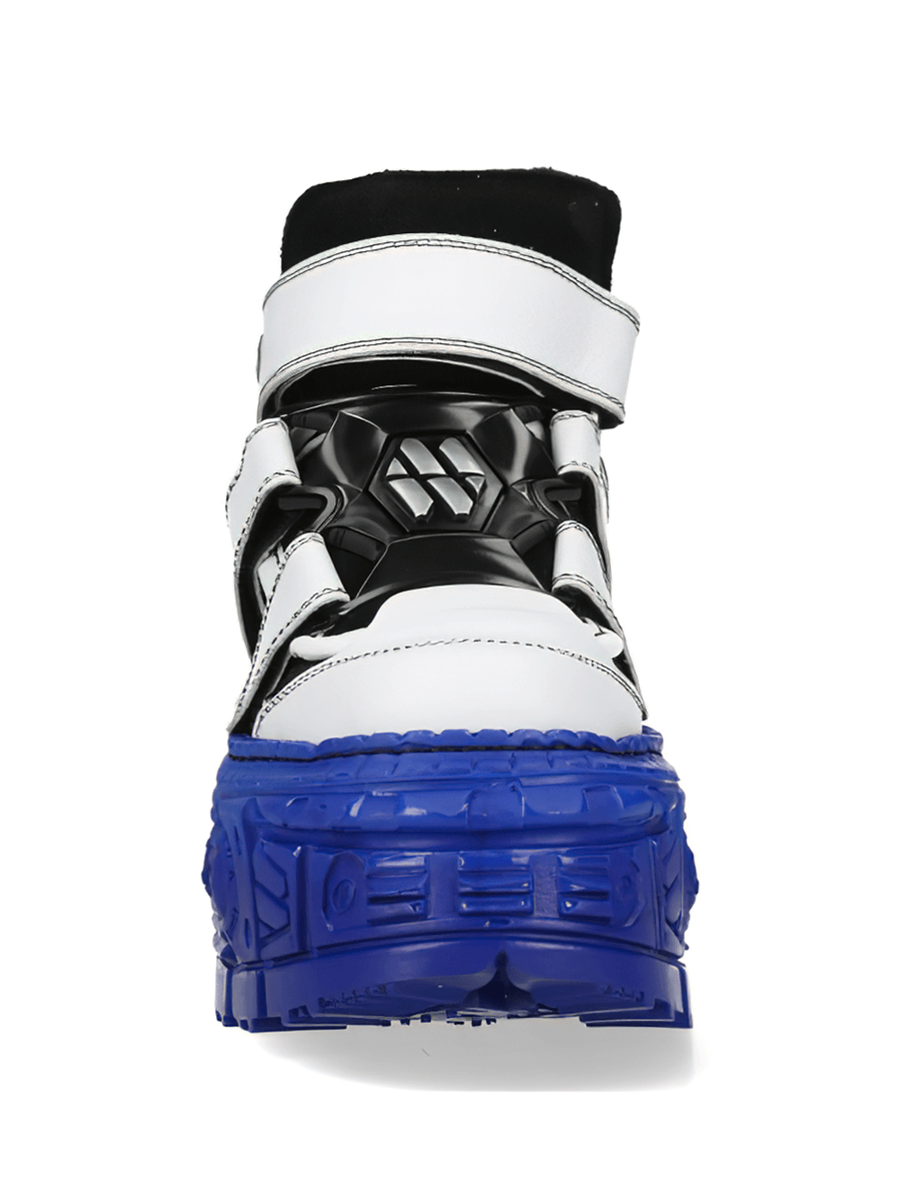 NEW ROCK Bold Rock design ankle boots in white and blue, featuring velcro straps and a striking platform sole.