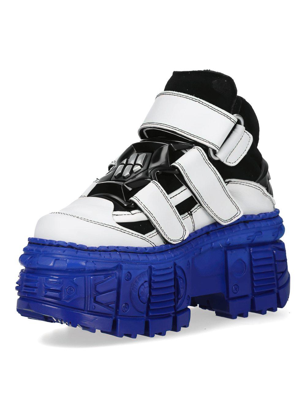 NEW ROCK Bold Rock Design ankle boots with velcro straps, featuring a white-blue color scheme and chunky platform sole.