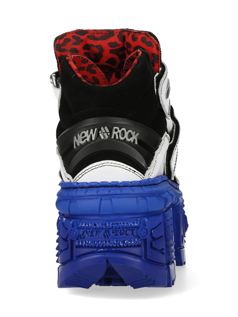 Rear view of NEW ROCK Bold Rock Design Ankle Boots with vibrant blue sole and funky leopard print lining.