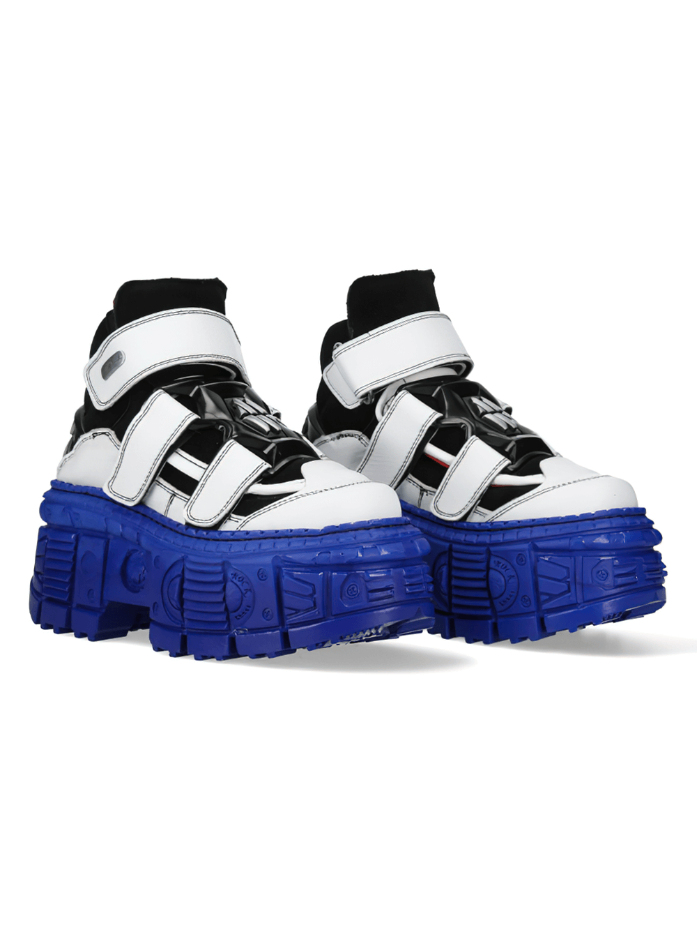 NEW ROCK Bold Rock Design Ankle Boots in white and blue, featuring velcro straps and a chunky platform sole.