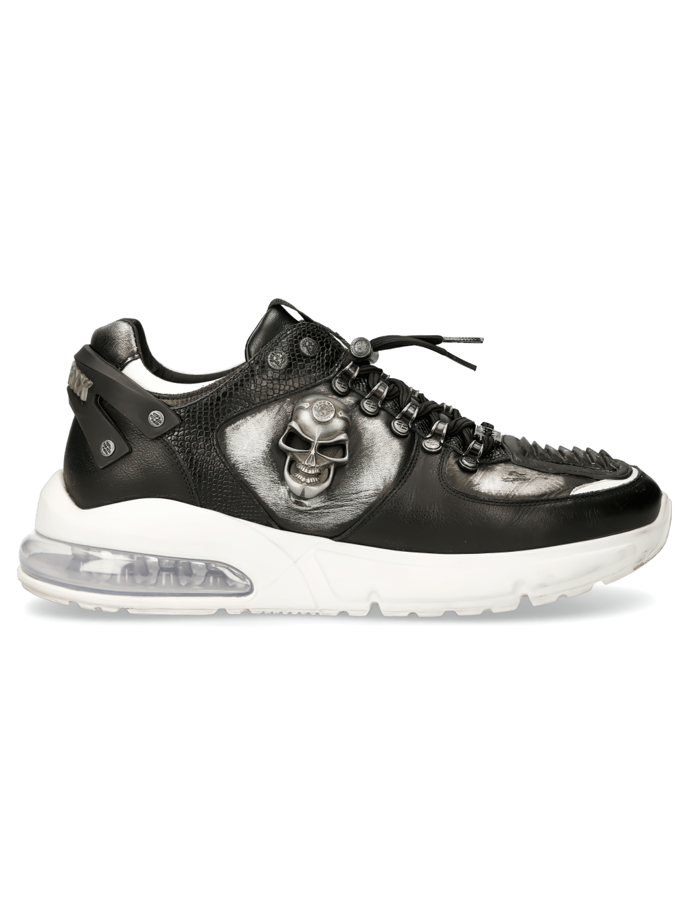 NEW ROCK Black leather sneakers with skull design and metallic accents for edgy urban style.