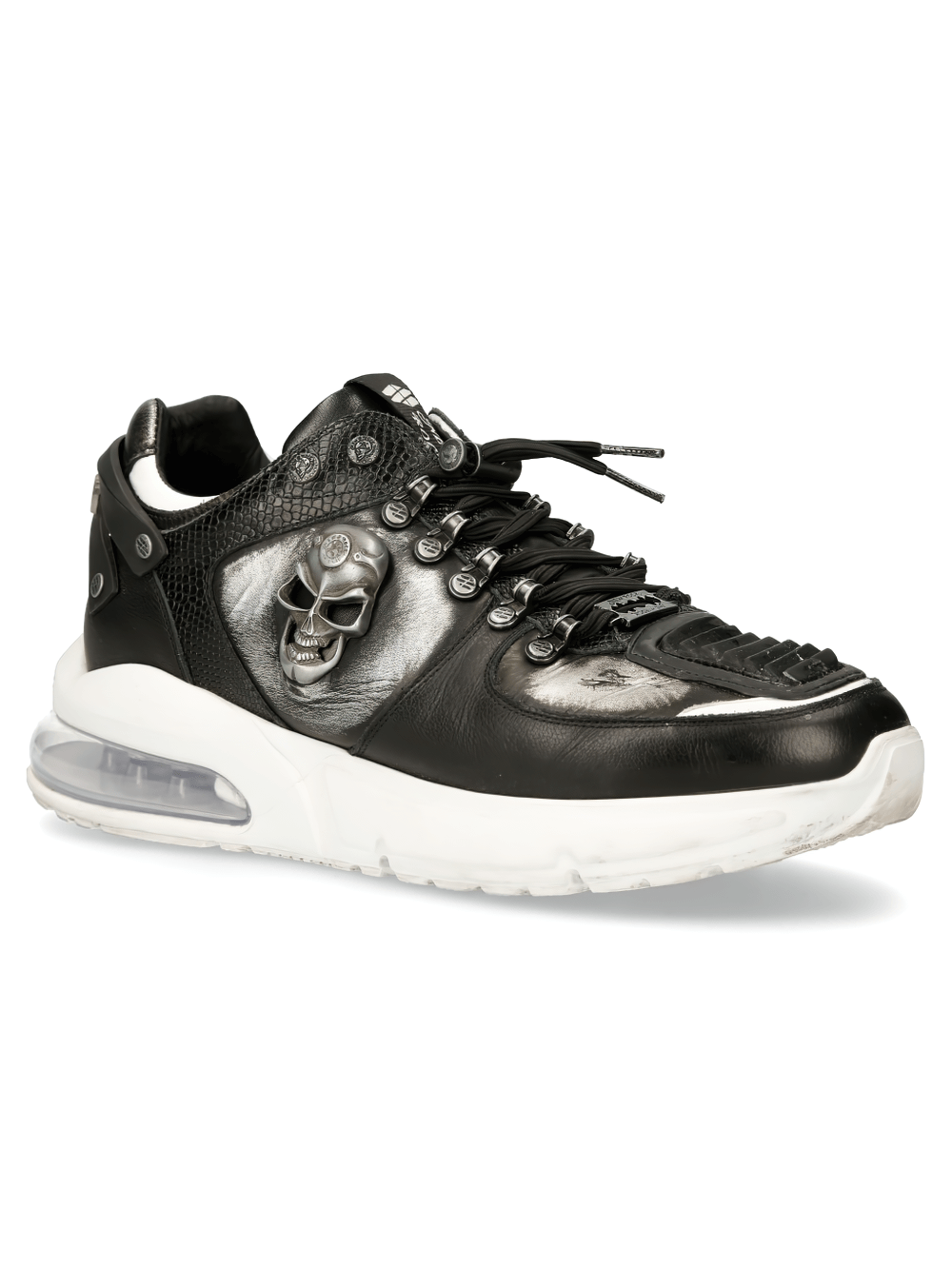 NEW ROCK bold black leather sneakers with skull design and metallic accents for edgy urban fashion.