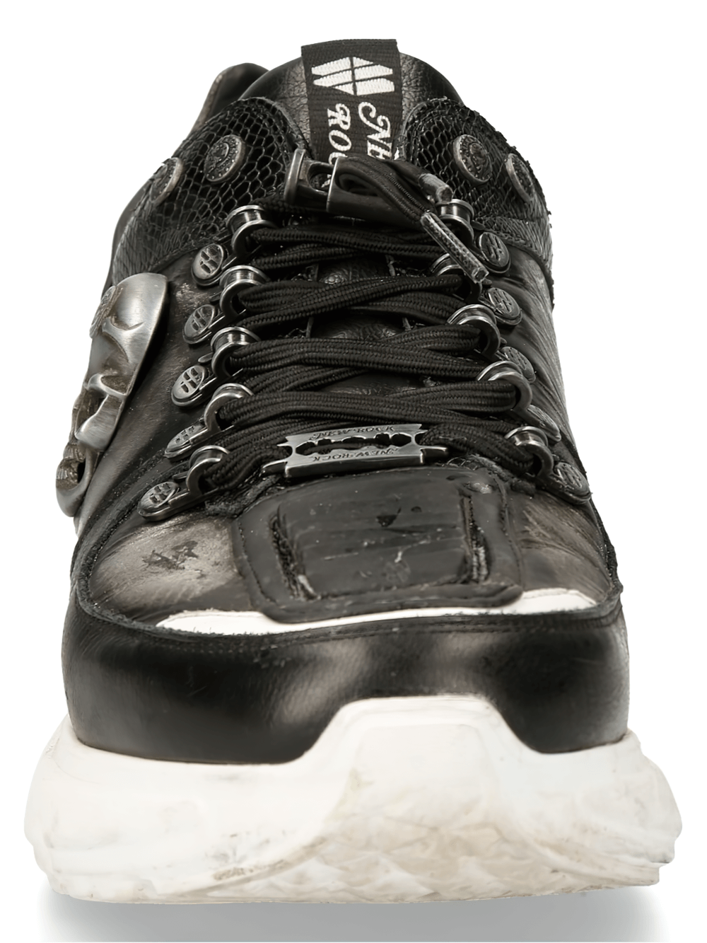 NEW ROCK black leather sneakers with metallic skull accents and lace-up design, perfect for edgy rock fashion.