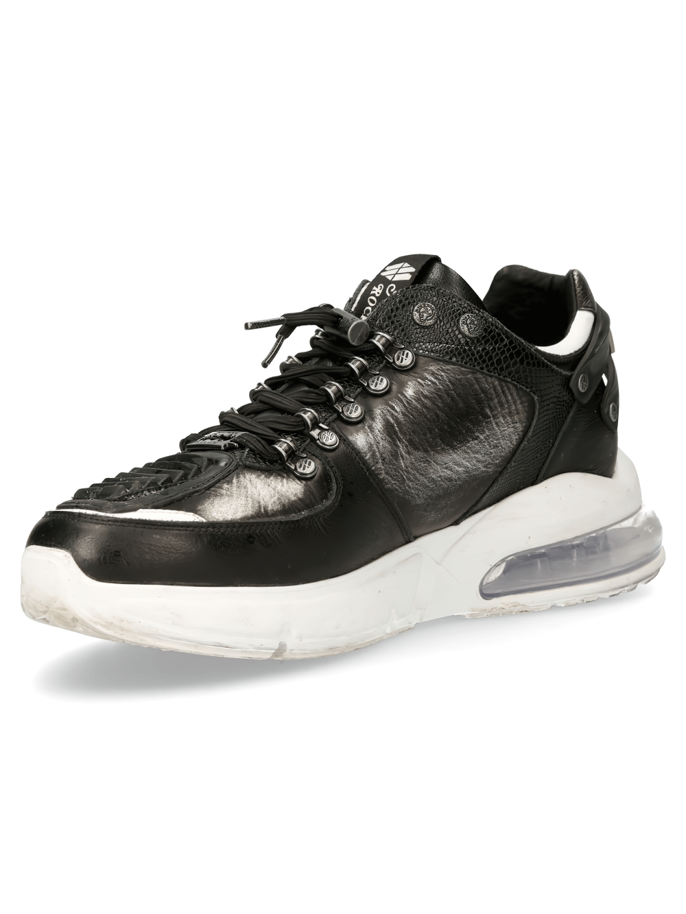 Edgy black leather sneakers with metallic accents and air cushioning for maximum comfort and style.