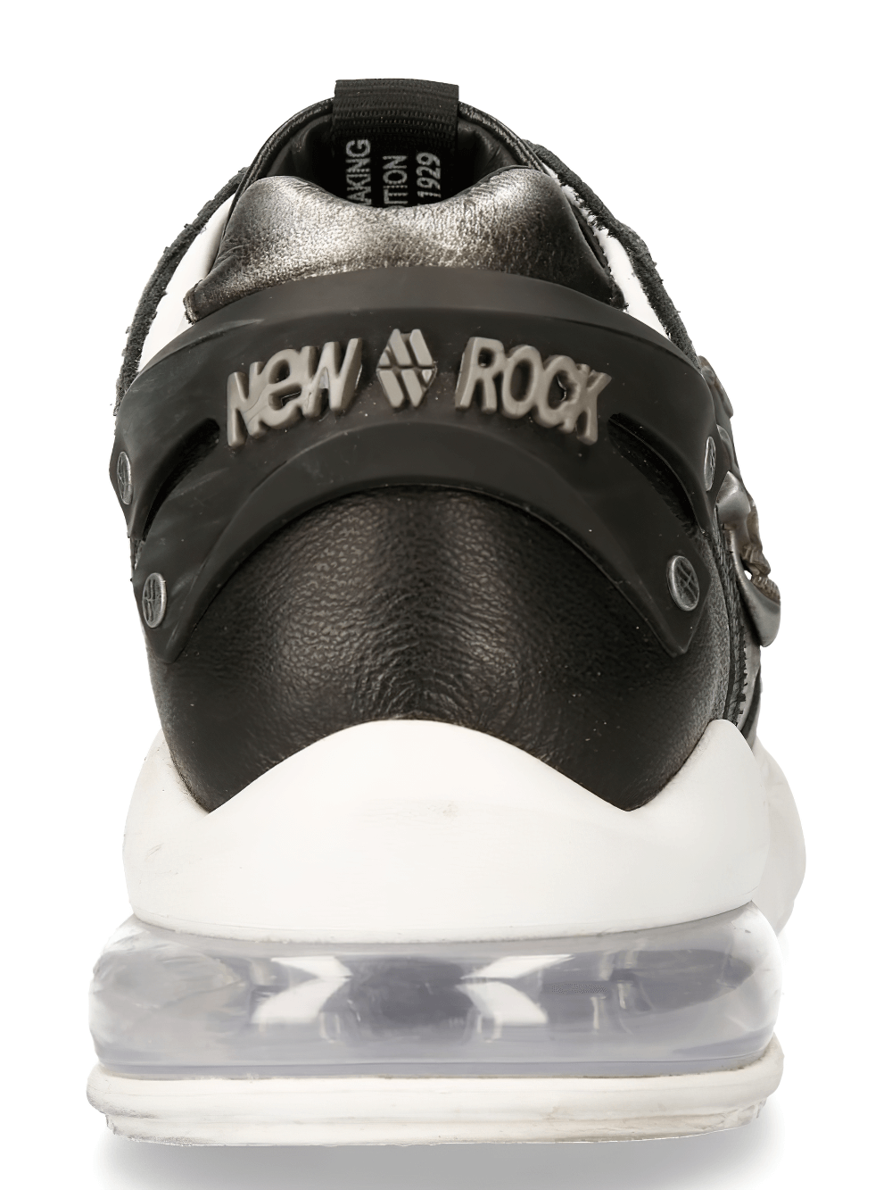 Back view of NEW ROCK bold leather sneakers showcasing rock-inspired design and metallic accents.