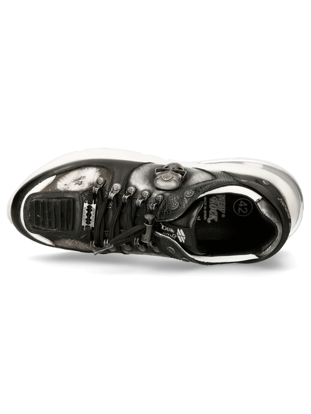 Top view of NEW ROCK bold leather sneakers with metallic accents and skull details, perfect for edgy urban fashion.