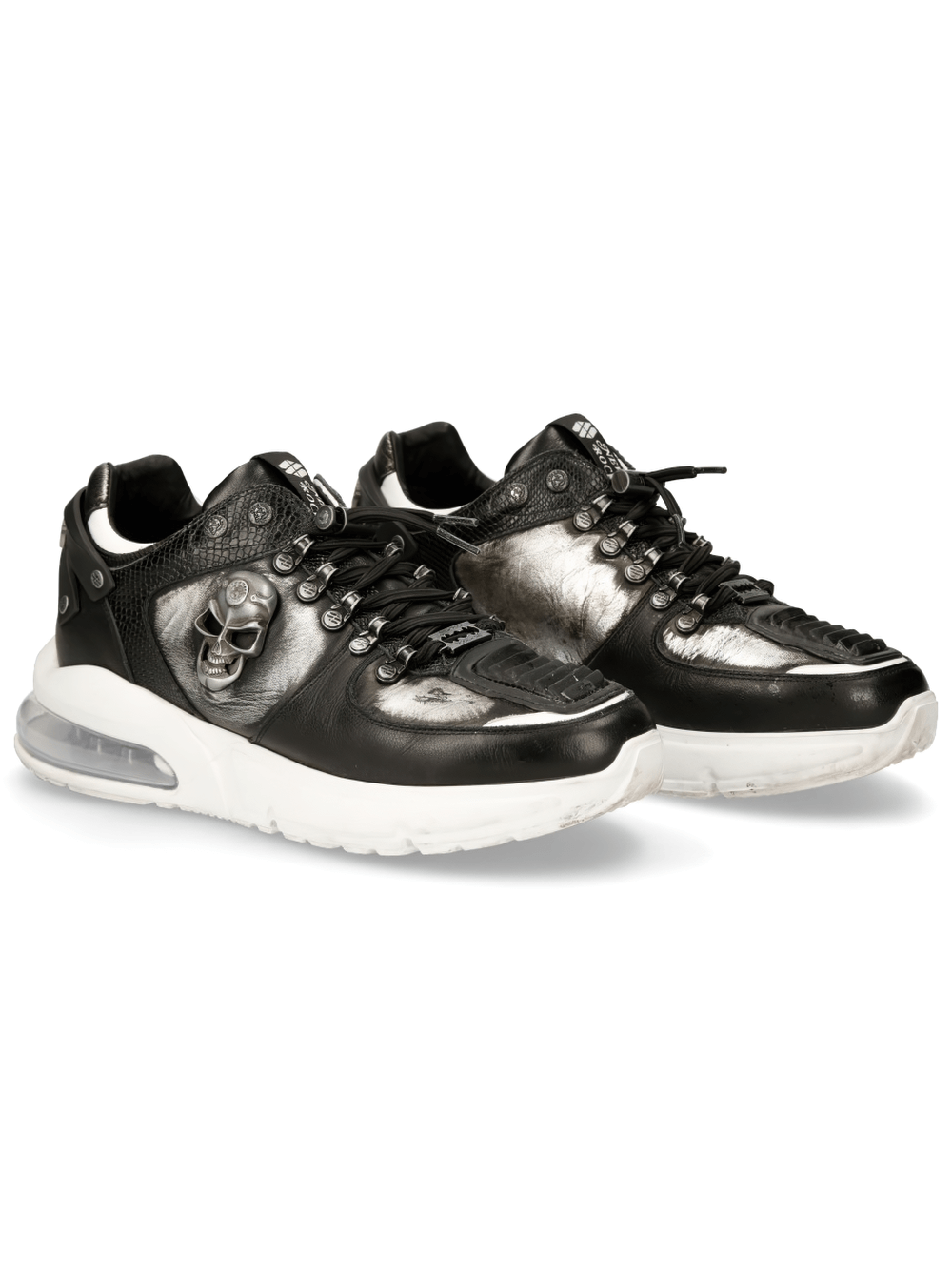 NEW ROCK bold rock-inspired leather sneakers with skull and metallic accents, perfect for edgy urban fashion.