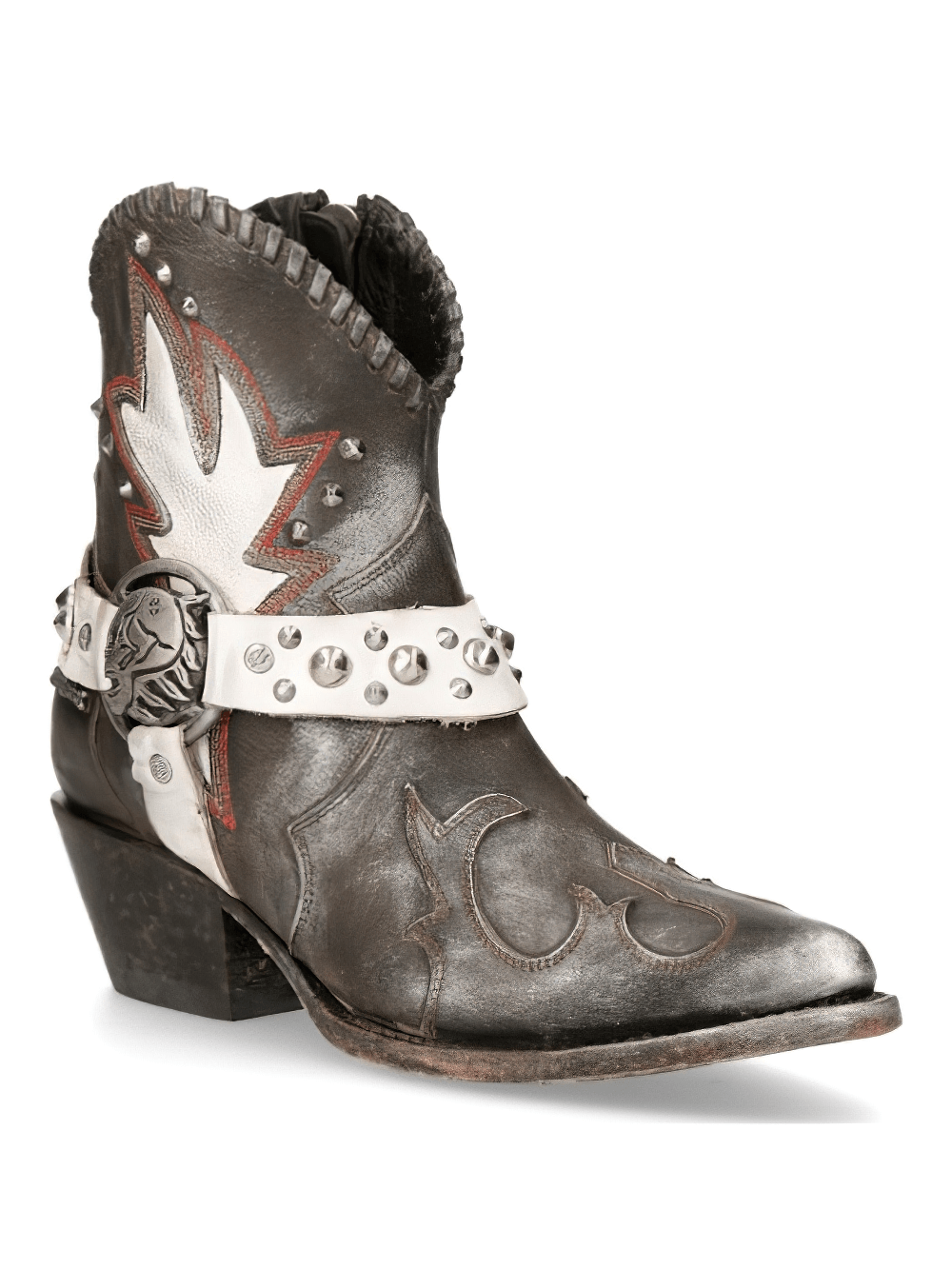 NEW ROCK Bold Studded Brown Biker Ankle Boots with Straps, showcasing rugged Western and Gothic style.