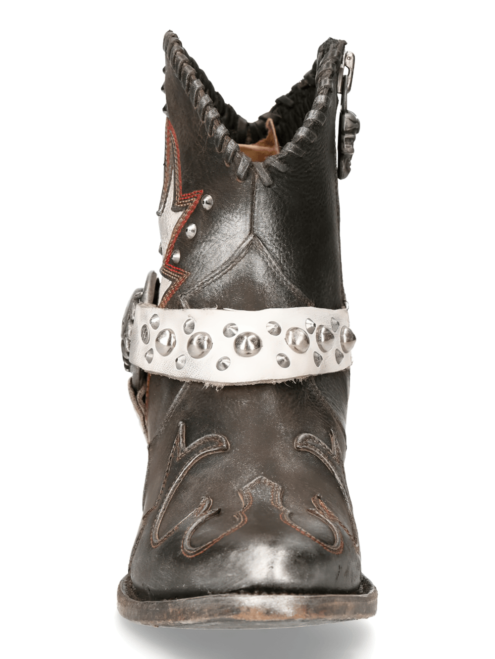 Rugged NEW ROCK Bold Studded Brown Biker Ankle Boots with Straps, showcasing a stylish Gothic design.