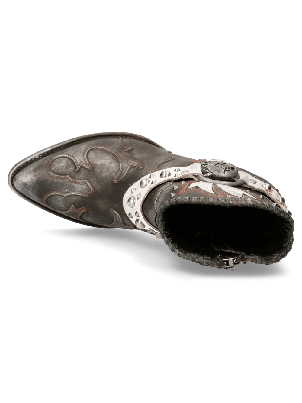 NEW ROCK Bold Studded Brown Biker Ankle Boots with Straps, showcasing rugged leather and gothic design details.