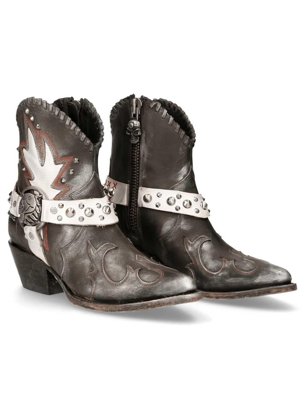 NEW ROCK bold studded brown biker ankle boots with straps, perfect for rugged Western and Gothic style lovers.