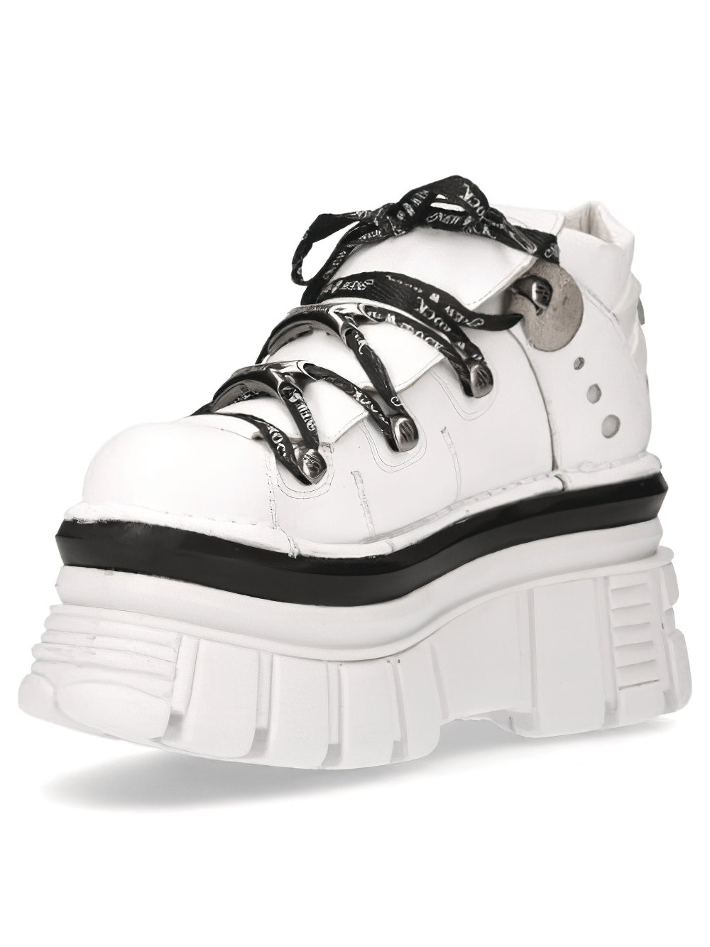 NEW ROCK white gothic lace-up platform boots with bold black accents, perfect for punk rock fashion lovers.