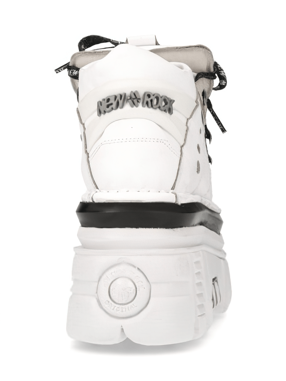 Back view of NEW ROCK bold white gothic lace-up platform boots with striking PU-Ultra sole.