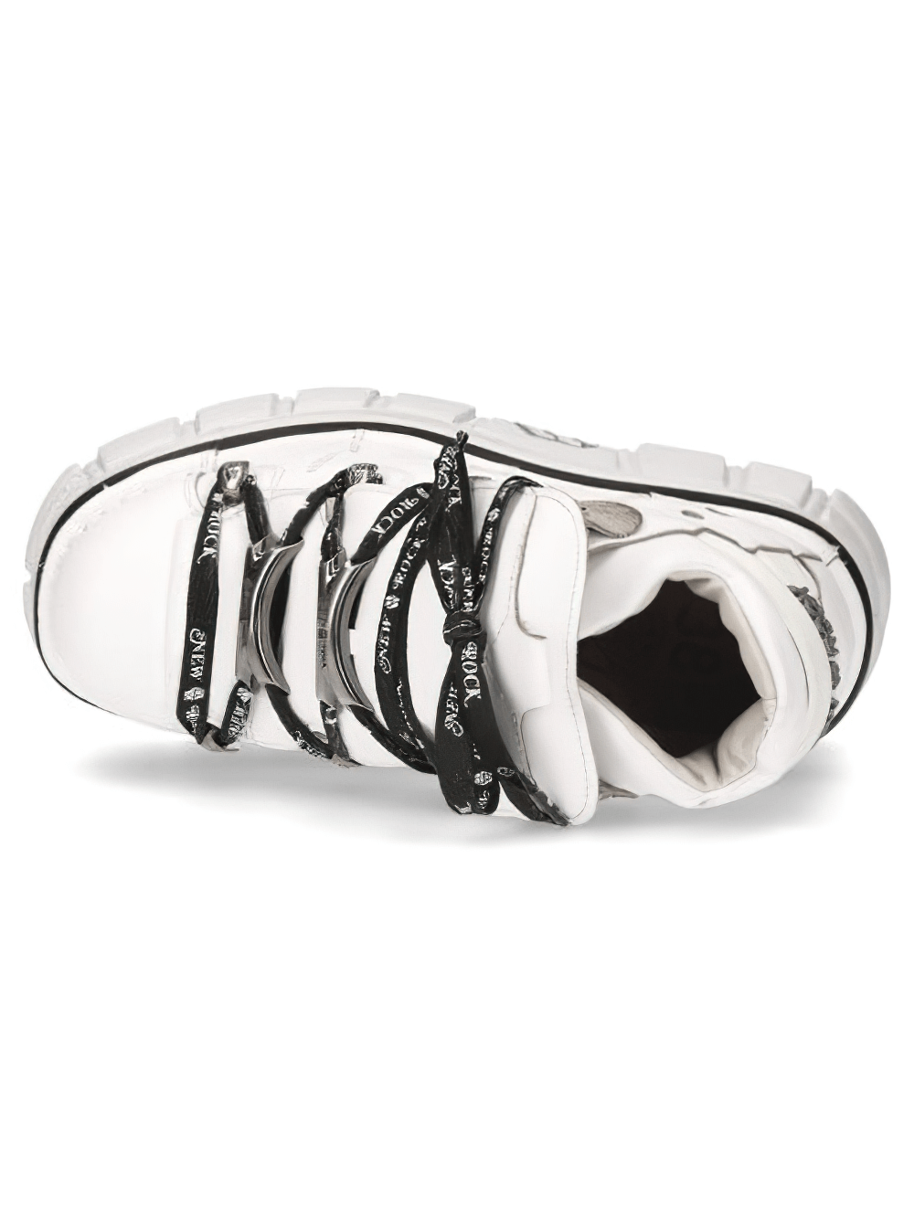 Top view of NEW ROCK Bold White Gothic Lace-Up Platform Boots featuring black laces and rugged sole, perfect for punk rock fashion.