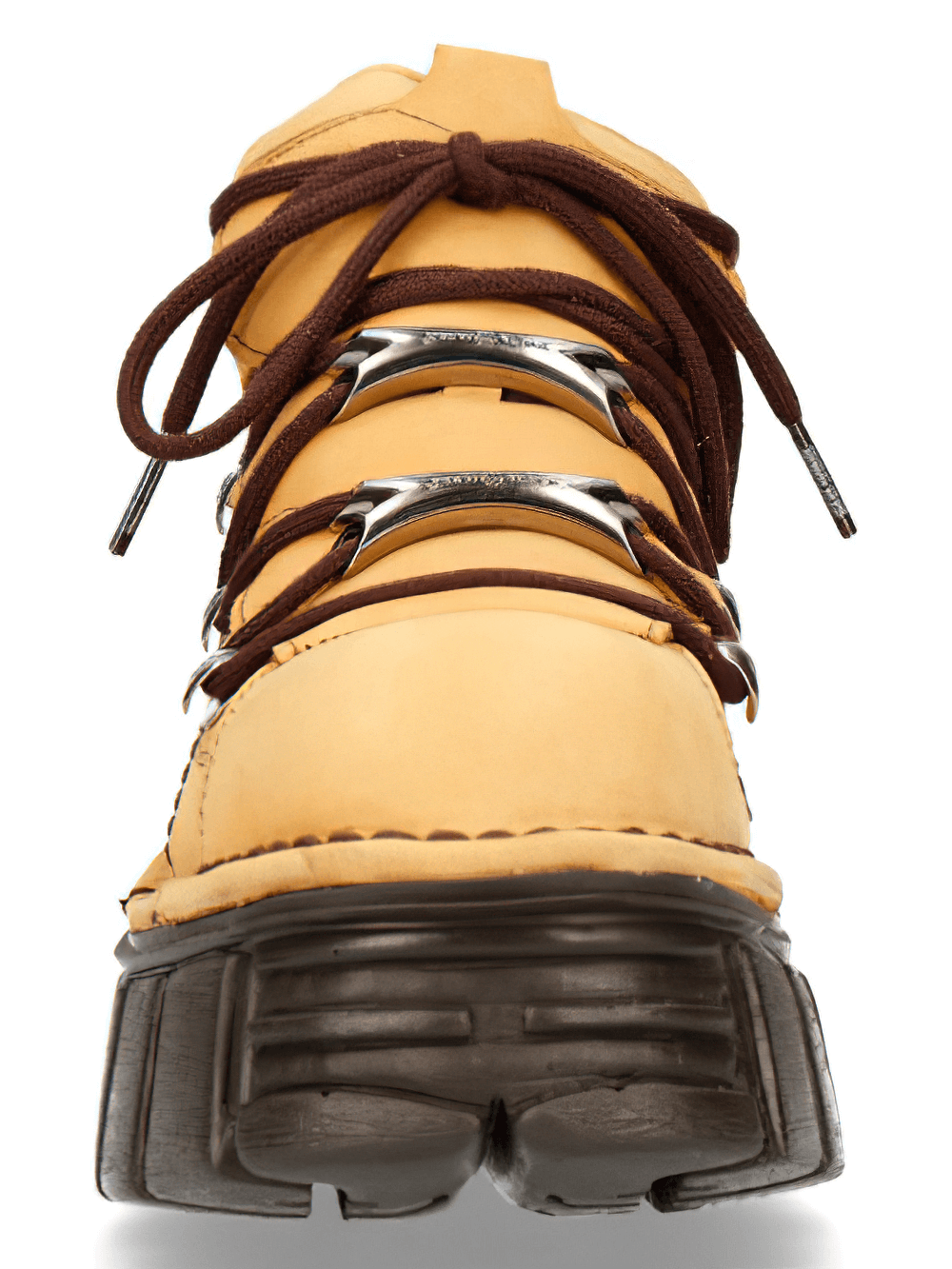 Front view of NEW ROCK bold yellow gothic platform lace-up boots with brown laces.