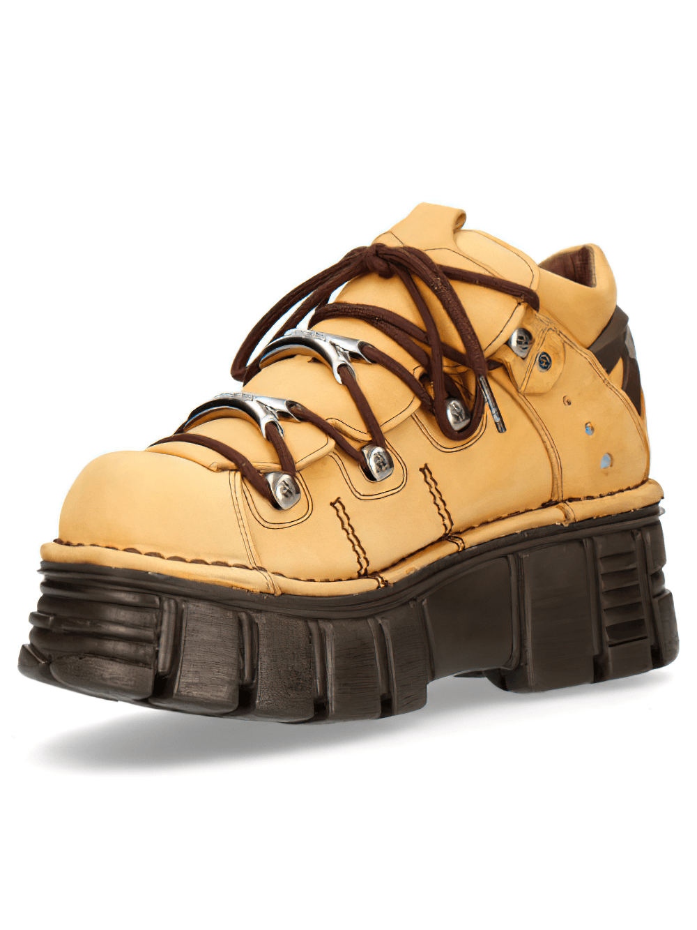 Stylish bold yellow platform lace-up boots with a punk rock design and durable ultra sole.