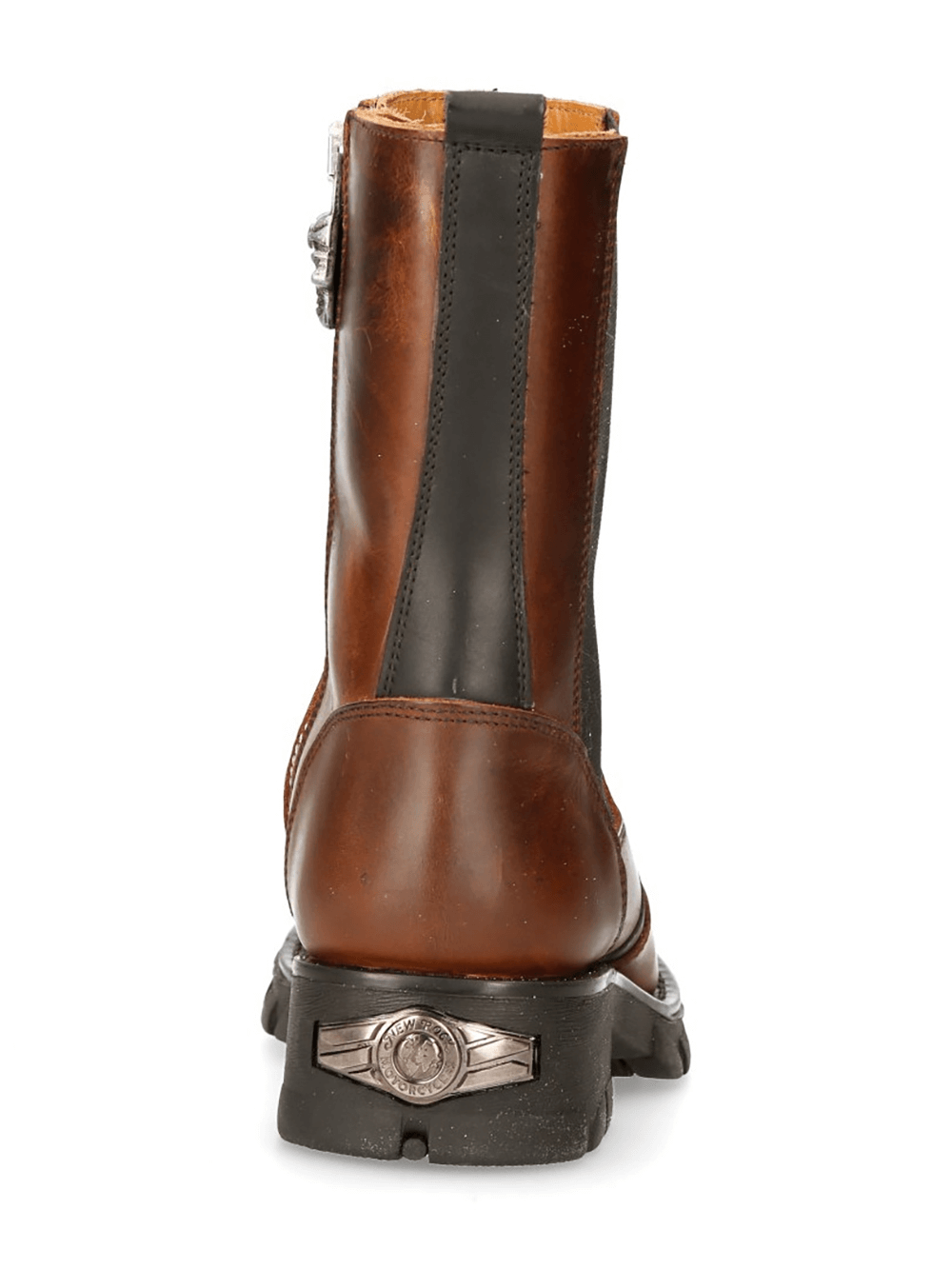 Back view of NEW ROCK brown and black biker boots showcasing zipper and elastic details for rock and ride enthusiasts.