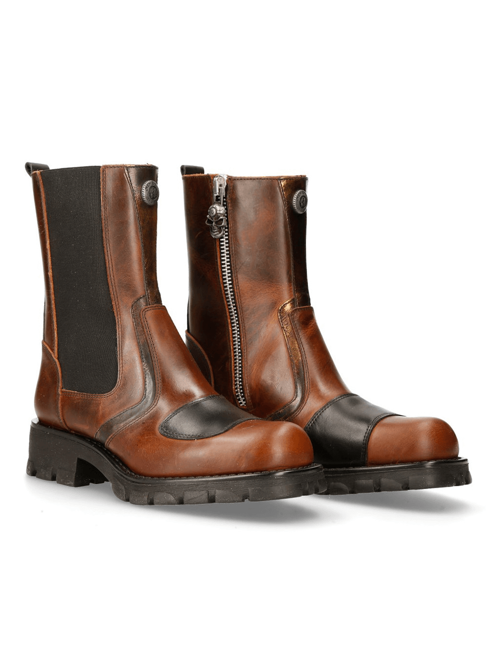 NEW ROCK brown and black biker boots with zipper and elastic, stylish leather footwear for motorcycle enthusiasts.